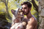anthro athletic breasts canineluvr19 chest_tuft cuddling duo eyes_closed facial_hair felid female forest fur hair hand_on_neck happy hi_res hugging human human_on_anthro interspecies leopard long_hair male male/female mammal nipples outside pantherine plant spots spotted_body spotted_fur tree tuft whiskers white_hair