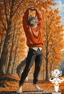 anthro autumn autumn_leaves autumn_trees barefoot black_bottomwear black_claws black_clothing black_nose black_pants bottomwear claws clothing cloud cozy feet fur grey_body grey_fur hands_above_head leg_markings male markings mountain pants path plant red_clothing red_sweater red_topwear sky slacks socks_(marking) solo stones stretching sweater teeth topwear tree white_body white_fur yellow_eyes bahufaru canid canine canis mammal wolf hi_res watermark