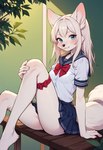 accessory anthro bottomwear breasts clothing female garter looking_at_viewer miniskirt school_uniform sitting skirt small_breasts solo teenager uniform young foxlover7796 arctic_fox canid canine fox mammal hi_res