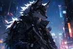 amber_eyes ambiguous_gender anthro canid canine canis city clothing fur fur_tuft gun jacket mammal military_uniform niji_journey raining ranged_weapon solo spacetime933 street techwear topwear tuft uniform weapon wolf