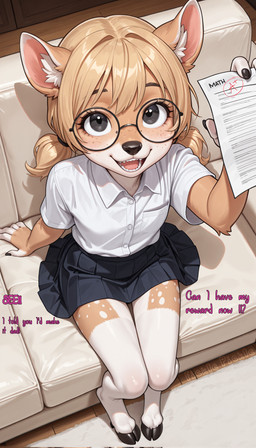 anthro black_nose blonde_hair bottomwear clothing dialogue digitigrade eyewear female furniture glasses hair holding_object on_sofa open_mouth pigtails school_uniform sitting sitting_on_sofa skirt sofa solo text uniform young young_female ficklepickle cervid mammal absurd_res english_text hi_res