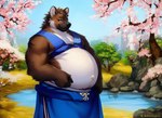 anthro belly big_belly bottomwear brown_body brown_fur clothing dogarrowtype fur hyaenid japan looking_at_viewer male mammal outside overweight overweight_anthro overweight_male plant solo standing tree water