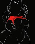 anthro big_breasts black_background bottomless breasts clothed clothing clothing_lift faceless_character featureless_crotch female fur hair hand_on_hip navel outline red_clothing red_shirt red_topwear shirt shirt_lift silhouette simple_background solo standing thick_thighs topwear under_boob wide_hips aphid butterwolf canid canine canis mammal hi_res monochrome spot_color