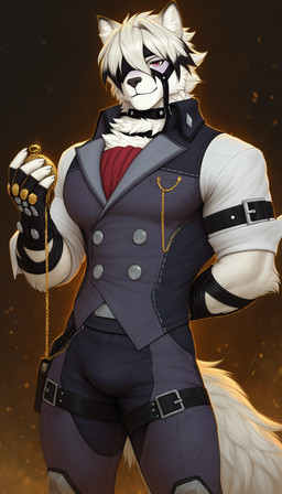 anthro belt bulge claws clock clothed clothing eye_patch eyewear fluffy fluffy_tail fully_clothed fur gloves hand_behind_back handwear holding_object looking_at_viewer male muscular muscular_male neck_tuft pocketwatch simple_background smile solo standing straps tail tuft watch white_body white_fur netchicken von_lycaon canid canine canis mammal wolf hi_res