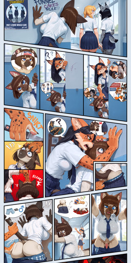 accessory angry_expression anthro areola aroused balloon balls blood blue_eyes blueberry bodily_fluids body_bag bottomwear boxers_(clothing) bra breasts carrot cellphone chest_tuft clothed clothing crossdressing dock erection female fight food fruit fur genitals green_eyes group hair hand_holding hand_on_butt hand_on_chest hand_on_leg headband inflatable inner_ear_fluff knife locker male masturbation necktie nipples nosebleed padded_bra panties penile_spines penis phone pictographics plant pleated_skirt police ponytail poster prick_ears pulling_pants_down pussy school_hallway school_uniform skirt spanking spots spotted_body spotted_fur switchblade tail_pull teeth tuft underwear underwear_on_head uniform upskirt vegetable water anonymous_director invoke_high canid canine felid feline human mammal rodent absurd_res hi_res