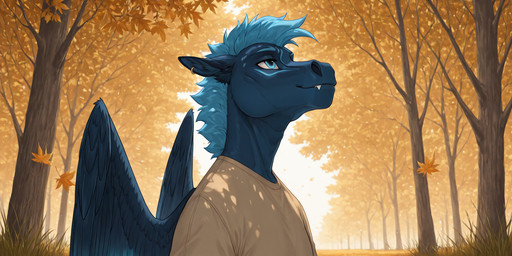 anthro autumn blue_body blue_eyes blue_fur blue_hair blue_wings clothing day dropped_ears ear_piercing fangs feathered_wings feathers forest fur fur_markings grass hair half-closed_eyes light looking_up male markings mythological_equine mythology narrowed_eyes piercing plant smile solo sunlight tan_clothing teeth tree vittel_bone wings vittelbone_director equid equine mammal mythological_creature pegasus hi_res