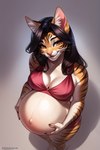 anthro big_ears bra breasts brown_eyes brown_hair calico_pattern clothed clothing female hair long_hair looking_at_viewer medium_breasts mottled partially_clothed piebald pregnant pregnant_female short smile solo stripes underwear yiff_ai calico_cat domestic_cat felid feline felis mammal