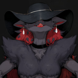 anthro arm_tuft black_background black_body black_clothing black_fur black_hat black_headwear black_lips breasts chest_tuft choker clothed clothing convenient_censorship ear_piercing ear_ring ears_down female female_anthro fluffy_chest front_view fur gem grey_body grey_fur grey_hair hair hat headgear headwear jewelry licking licking_lips licking_own_lips lips lipstick long_hair looking_at_viewer makeup mane mane_hair medium_breasts multicolored_body multicolored_fur neck_tuft necklace obscured_eyes open_mouth piercing pivoted_ears pokemorph red_body red_fur red_hair red_lips ring_piercing self_lick shoulder_tuft simple_background smile solo teeth tongue tongue_out topless tuft two_tone_body two_tone_fur upper_body soloko nintendo pokemon canid canine generation_5_pokemon mammal pokemon_(species) zoroark absurd_res bust_portrait hi_res portrait
