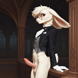 anthro athletic balls bowtie clothing erection eyewear floppy_ears genitals glasses gloves handwear leaning_on_railing looking_at_viewer male ornate_clothing penis side_view slim smile smiling_at_viewer solo standing waist_grab white_clothing white_gloves white_handwear window cellz55 lagomorph leporid mammal rabbit hi_res