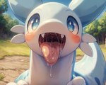 ambiguous_gender blush bodily_fluids chillet coco-furries dripping feral gaping_mouth hi_res looking_at_viewer mouth_shot open_mouth outside pal_(species) palworld presenting_mouth saliva saliva_drip saliva_on_tongue solo teeth tongue