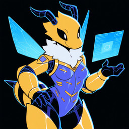 4_fingers antennae_(anatomy) anthro black_background black_body breasts clothing female fingers hand_on_hip hologram leotard machine metallic_body neck_tuft simple_background simple_eyes small_breasts smile solo text tuft wings yellow_body cartuniverse mascot_2025 arthropod bee hymenopteran insect hi_res