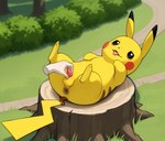 ambiguous_gender animal_genitalia bags_under_eyes balls dark_anus disembodied_hand feet feral fur genitals handjob happy lying male on_back penile penis plant sex sheath shrub tail tapering_penis tired tongue tongue_out tree_stump yellow_body yellow_fur lewt nintendo pokemon generation_1_pokemon pikachu pokemon_(species)
