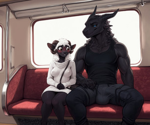 5_fingers anthro balls_outline big_bulge black_body black_clothing black_fur black_scales blue_eyes blush bottomwear breasts bulge claws clothed clothing curled_horn detailed_background detailed_bulge duo erection erection_under_clothing female fingers fully_clothed fur genital_outline genitals hair hand_on_bulge horn inside inside_train larger_male looking_at_another looking_at_genitalia looking_at_penis looking_down male male/female muscular muscular_male mythology nipple_outline nipples pants penis penis_outline public public_transportation scales shirt sitting size_difference sleeveless_shirt smaller_female smile spread_legs spreading tank_top topwear train vehicle white_body white_fur wool_(fur) anotheranon tharak_(anotheranon) bovid caprine domestic_sheep dragon furred_dragon furred_scalie mammal mythological_creature mythological_scalie scalie sheep hi_res