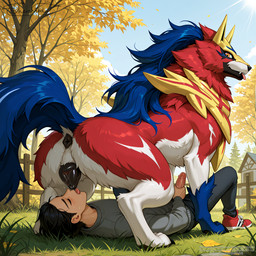 5_fingers animal_genitalia animal_pussy anus armor armor_plates autumn bestiality black_anus black_claws black_hair black_pussy blue_mane blue_tail bodily_fluids bottomwear breastplate building butt canine_genitalia canine_nose canine_pussy claws clothed clothing crouching cunnilingus day detailed_background duo eyelashes eyes_closed female female_on_human fence feral fingers fluffy fluffy_fur fluffy_tail footwear fur genital_fluids genitals grass hair hand_on_penis house human_on_feral imminent_facesitting interspecies leaf licking light looking_back lying male male/female male_on_feral mane masturbation oral pants penis plant pussy pussy_juice rear_view red_body red_eyes red_fur sex shoes short_hair side_view sky smile sneakers sun sweater tail tongue tongue_out topwear touching_penis tree vaginal white_body white_fur yellow_eyes sheishfed nintendo pokemon canid canine generation_8_pokemon human legendary_pokemon mammal pokemon_(species) zamazenta hi_res