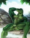 abs anthro anus balls bmrwcl crocodile crocodilian crocodylid erection flexing genitals green_body green_scales hands_behind_head hi_res humanoid_genitalia humanoid_penis looking_at_viewer male muscular muscular_anthro muscular_legs muscular_male nipples nude outside pecs penis plant pose presenting presenting_anus reptile rock scales scalie seductive smile solo spread_legs spreading tree water