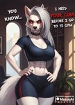 anthro aroused athletic athletic_female big_breasts blush breasts canid canid_demon canine canis clothed clothing demon dialogue female fur gym_clothing hands_on_hips hellhound hi_res inviting loona_(helluva_boss) mammal mazuuai red_eyes solo standing text thick_thighs translated watermark white_body white_fur wide_hips wolf