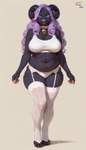 anthro bell bell_collar blue_eyes bra chest_tuft chubby_female clothing cloven_hooves collar colored_fingernails colored_nails digitigrade female fingernails garter_belt garter_straps hair hooves horn large_breasts legwear looking_at_viewer nails navel panties pink_nose purple_hair simple_background smile solo sports_bra stockings tuft underwear white_bra white_clothing white_eyelashes white_legwear white_panties white_stockings white_underwear wide_hips ilmpbx madeleine_(ilmpbx) bovid caprine mammal sheep absurd_res hi_res signature