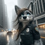 anthro blue_eyes brown_hair car city city_background clothed clothing dramatic female fur grey_body grey_fur hair looking_up police police_badge police_car police_uniform raining solo storm storm_clouds uniform vehicle white_body white_fur wind worried omgechounknown canid canine canis mammal wolf