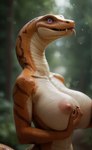 anthro big_breasts big_nipples breasts female forest huge_breasts nipples nude orange_body orange_skin plant purple_eyes scales solo stripes tongue tree dvinzet reptile scalie snake hi_res
