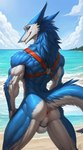 anthro anus balls beach blue_body blue_eyes blue_fur clothing day fur genitals harness hi_res jockstrap looking_at_viewer male muscular presenting presenting_anus sea seaside sergal solo underwear water