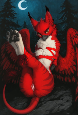 4_toes amber_eyes anthro arms_tied beak black_beak black_body black_claws black_feathers black_pawpads blurred_background bound bow_ribbon chest_tuft claws countershade_torso countershading ear_tuft feathered_wings feathers feet female feral forest forest_background front_view fur genitals gift_wrapped innie_pussy legs_tied legs_together legs_up light looking_at_viewer moon moonlight multicolored_body multicolored_feathers multicolored_fur nature nature_background night nude pawpads plant presenting presenting_pussy pussy red_body red_feathers red_ribbon rock sitting solo striped_body striped_fur stripes tail_tuft toes tree tuft white_body white_countershading white_paws wings zakath gawa avian gryphon mythological_avian absurd_res hi_res