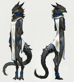 3_toes 5_fingers ankle_cuffs anthro beak black_body black_fur breasts claws clothing collar cuff_(restraint) cuff_bracelet digitigrade feathers feet female fingers fluffy front_view fur gem green_sclera long_tail looking_at_viewer multiple_angles neck_tuft rear_view restraints rope rope_collar rope_cuffs shy simple_background slim small_breasts solo spots spotted_body spotted_fur standing tabard tail_feathers toes tuft white_background worried_look wrist_cuffs oldhroft shadow_(oldhroft) avian velari hi_res