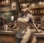 anthro apron barista beverage big_breasts blep bottomwear breasts brown_body brown_fur brown_hair clothed clothing coffee coffee_shop crossgender curvy_figure dress_shirt female fur hair inside leaning medium_hair mtf_crossgender pants ponytail shirt smile solo solo_focus standing teasing tongue tongue_out topwear twokinds yellow_eyes banal_fissure sythe_(twokinds) canid canine canis keidran mammal wolf