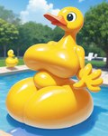anatid animate_inanimate anseriform anthro avian beak big_breasts bird breasts clothing duck female genny huge_breasts huge_hips huge_thighs inflatable living_inflatable plant pool rubber rubber_clothing rubber_suit solo thick_thighs tree