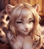 anthro bare_shoulders breasts cleavage clothed clothing female grey_eyes hair long_hair looking_at_viewer medium_breasts smile smiling_at_viewer solo solo_focus white_hair magacitl felid mammal pantherine snow_leopard animated webm