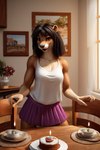 anthro biceps birthday black_hair bottomwear brown_eyes cake chair clothing dark_brown_fur dessert detailed_background dining_room female food furniture hair photo pink_bottomwear pink_clothing pink_skirt round_ears skirt solo topwear white_clothing white_topwear window hellapoc deni lutrine mammal mustelid