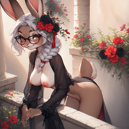 accessory bent_over big_breasts black_clothing black_dress black_eyewear black_glasses braided_hair braided_ponytail breasts brown_body brown_fur clothing dress exposed_breasts eyewear female flower flower_in_hair fur glasses hair hair_accessory nipples orange_eyes plant ponytail slim solo translucent translucent_clothing white_hair ethernal hazel_lopowel lagomorph leporid mammal rabbit