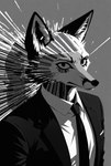 abstract_background anthro clothed clothing ear_piercing formal_clothing fur looking_at_viewer male necktie piercing simple_background solo suit topwear lezzy canid canine fox mammal hi_res monochrome portrait