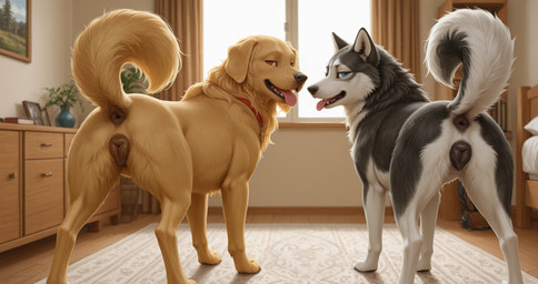 animal_genitalia butt canine_genitalia collar duo female feral genitals inside looking_at_viewer looking_back looking_back_at_viewer presenting presenting_hindquarters raised_tail tongue tongue_out not_an_artist bird_dog canid canine canis domestic_dog golden_retriever hunting_dog husky mammal nordic_sled_dog retriever spitz hi_res