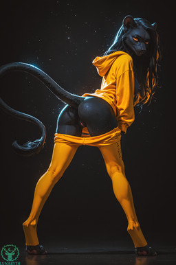 anthro black_background black_body black_fur black_hair black_nipples bottomwear breasts butt claws clothing digitigrade female fur genitals hair hoodie looking_at_viewer nipples nude orange_eyes pants presenting pussy rear_view simple_background smile solo tail topwear undressing lunaryth felid mammal pantherine absurd_res hi_res watermark