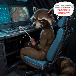 annoyed anthro bodily_fluids caught caught_masturbating chair computer cum cumshot dialogue ejaculation furniture genital_fluids genitals humanoid_genitalia humanoid_penis interrupted_orgasm looking_at_porn looking_at_viewer male masturbation monitor nude nude_male orgasm penis pornography screen solo speech_bubble aksel marvel rocket_raccoon mammal procyonid raccoon hi_res