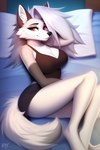 anthro bed breasts canid canid_demon cleavage clothed clothing demon female fur furniture hair hardboildchicken hellhound looking_at_viewer loona_(helluva_boss) lying lying_on_bed mammal novelai on_bed pillow red_eyes seductive smile solo white_body white_fur white_hair white_tail