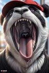 anthro black_body black_clothing black_fur black_shirt black_topwear bodily_fluids clothing fur hat headgear headwear male mouth_shot open_mouth oral_vore purple_eyes saliva saliva_string shirt solo topwear vore white_body white_fur l649000 giant_panda mammal ursid hi_res