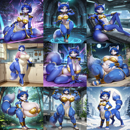 abs accessory anthro apron armor belly big_belly big_breasts blue_body blue_fur blue_hair blue_tail bottomwear breasts butt clothed clothing countershading expansion feet female flexing footwear fur furgonomic furniture green_eyes grid hair hand_on_stomach huge_breasts humanoid_pointy_ears hyper jewelry loincloth looking_at_viewer lying markings moon multicolored_body multicolored_fur muscular muscular_anthro muscular_female navel overweight overweight_female plant pose prick_ears sandals shoes sitting slightly_chubby slightly_chubby_female slim solo standing tail tail_accessory thick_thighs tree tribal two_tone_body two_tone_fur underwear weight_gain white_belly white_body white_fur wide_hips window yellow_clothing gridanon nintendo star_fox krystal_(star_fox) canid canid_taur canine canine_taur fox mammal mammal_taur taur absurd_res hi_res huge_filesize stable_diffusion