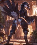 anthro beak bedroom_eyes biped bird_feet bird_legs butt feathers female genitals half-closed_eyes leaning leaning_forward looking_at_viewer looking_back narrowed_eyes presenting presenting_hindquarters pussy raised_tail scuted_feet scuted_legs scutes seductive solo standing tail_feathers wings birdlover avian bird corvid corvus_(genus) crow oscine passerine absurd_res hi_res