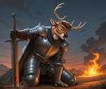 anthro antlers armor belt belt_buckle blood bodily_fluids brown_body brown_fur director_name fantasy fire fur green_eyes horn leather_straps male melee_weapon metal_armor solo sword weapon gilkardex gil_(gilkardex) cervid mammal absurd_res hi_res signature