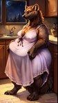 anthro clothed clothing female holding_belly kitchen night nightgown nightwear obese overweight solo standing ffox475 gulonine mammal marten mustelid musteline hi_res