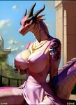 absurd_res anthro attempted_signature bedroom_eyes big_breasts breasts cleavage clothed clothing detailed_background dragon female hi_res holding_breast horn jewelry narrowed_eyes nipple_outline official_floof_inspector red_eyes scales scalie seductive skimpy smile solo tattoo