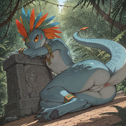 anthro anus bodypaint butt claws close-up clothing feathers female flat_chested genitals hammer jewelry jungle looking_at_viewer markings multicolored_body mythology necklace nude presenting pussy ruins scales solo tools tribal tribal_markings vitiligo_(director) warhammer warhammer_fantasy lizard mammal mythological_creature mythological_scalie reptile scalie skink_(warhammer_fantasy) invalid_tag absurd_res hi_res