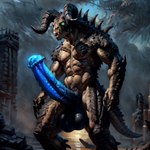 animal_genitalia animal_penis anthro balls blue_eyes blue_penis brown_body claws equine_genitalia equine_penis fallout genitals horn male muscular penis scales solo solo_focus jondoeee deathclaw