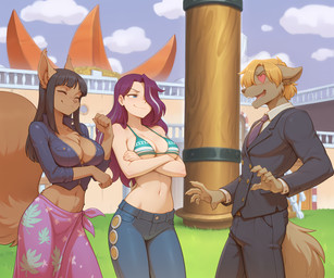 anthro bikini blue_eyes breasts business_suit cleavage clothed clothing crossed_arms eyes_closed eyewear female group hair male midriff navel necktie outside smile suit swimwear anontk one_piece twokinds maren_taverndatter mrs._nibbly nami_(one_piece) nico_robin sanji_(one_piece) sythe_(twokinds) canid canine human mammal hi_res