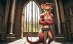 2_horns anthro bottomwear claws clothed clothing crossed_arms detailed_background horn inside jewelry loincloth male necklace red_body scales solo standing tail text topless white_horn yellow_eyes sergalbutt kobold scalie hi_res signature url