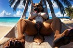 anatomically_correct anatomically_correct_genitalia animal_genitalia animal_pussy anthro beach_background bodily_fluids brown_body brown_fur canid canine canine_genitalia canine_pussy canis detailed_background domestic_dog dripping female fur genital_fluids genital_focus genitals german_shepherd hammock herding_dog in_heat looking_at_viewer mammal nature nature_background orange_eyes palm_tree pastoral_dog plant prompt_at_source pussy pussy_juice pussy_juice_drip realistic realistic_fur sand solo solo_focus someguy2000 tree white_body white_fur yiffymix_(model)