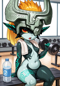 anthro armor black_nipples bodily_fluids breasts dumbbell exercise female genitals gym hair headgear helmet looking_at_viewer navel nipples nude open_mouth orange_hair pussy red_eyes sitting_on_bench small_breasts solo sweat sweaty_body towel water_bottle weightlifting weights white_towel workout yellow_sclera nintendo the_legend_of_zelda the_legend_of_zelda_twilight_princess midna humanoid imp
