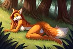 anonymous_director anthro breasts butt canid canine female fox fur hair hi_res long_hair looking_at_viewer lying lying_on_back mammal orange_body orange_fur smile solo