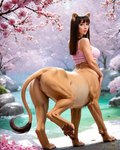 anus bottomless_taur cherry_blossom clothing female genitals looking_back pawpads plant pussy raised_leg rear_view river solo tail_tuft topwear tuft director_randotaur felid felid_taur humanoid humanoid_taur lion mammal mammal_taur pantherine taur hi_res